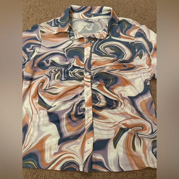 SO Women’s Juniors Marble Swirl Button Down Cinched Blouse Crop Top Size XL - Picture 7 of 14